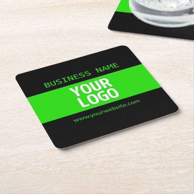Your Logo or Image | Black & Bright Green Square Paper Coaster (Angled)