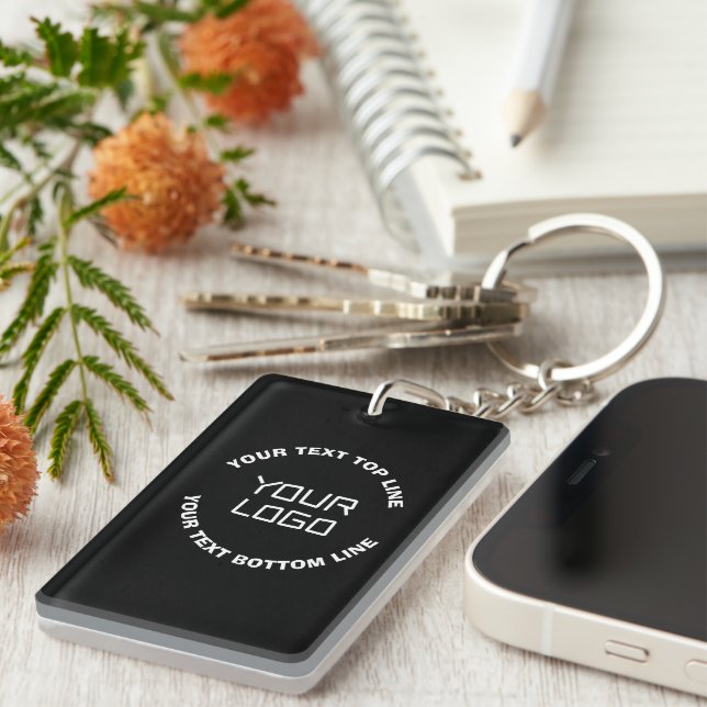 Your Logo or Image & Editable Text | Black & White Keychain (Front Right)
