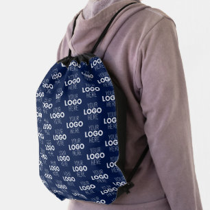 Your Logo or Image Repeating Pattern   Navy Blue Drawstring Bag
