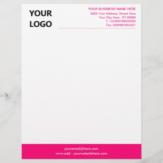Your Logo Photo Business Office Letterhead - Pink (Front)
