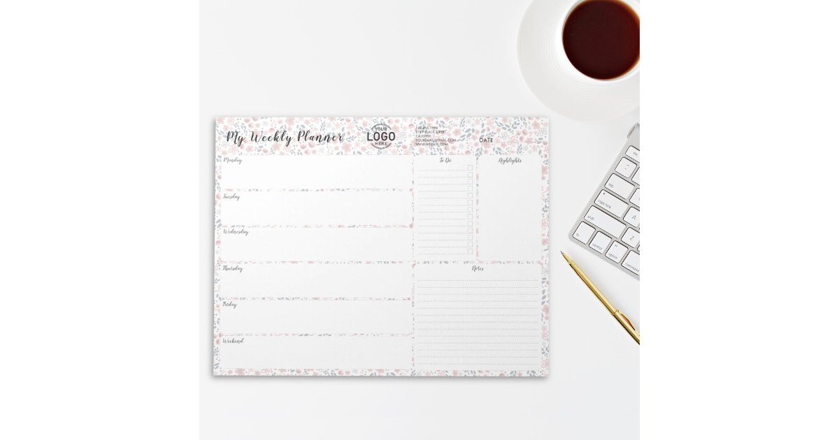 Your Logo Pink Floral Undated Week Planner Notepad | Zazzle