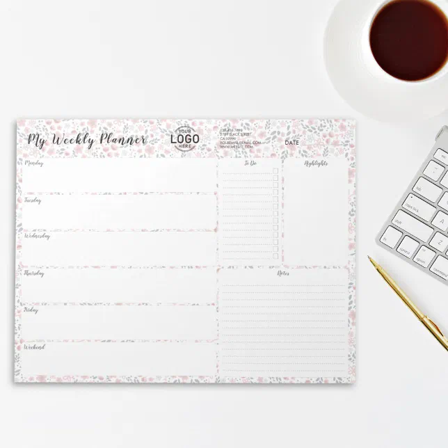 Your Logo Pink Floral Undated Week Planner Notepad | Zazzle
