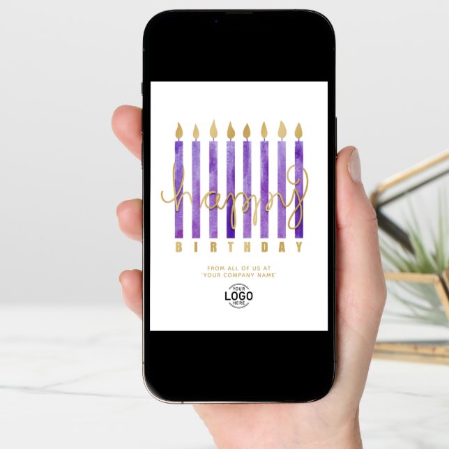 Your Logo Purple Candles Business Happy Birthday Card (Front Digital)