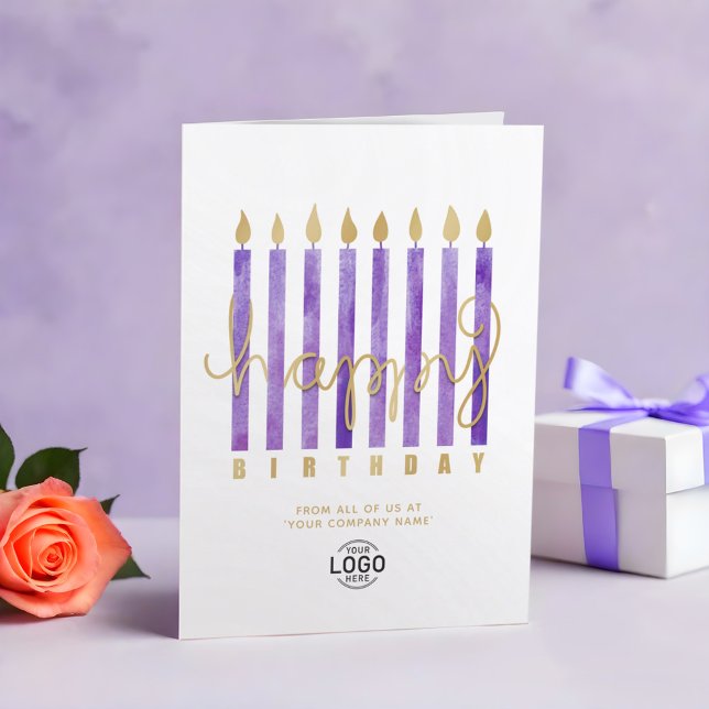Your Logo Purple Candles Business Happy Birthday Card (Creator Uploaded)