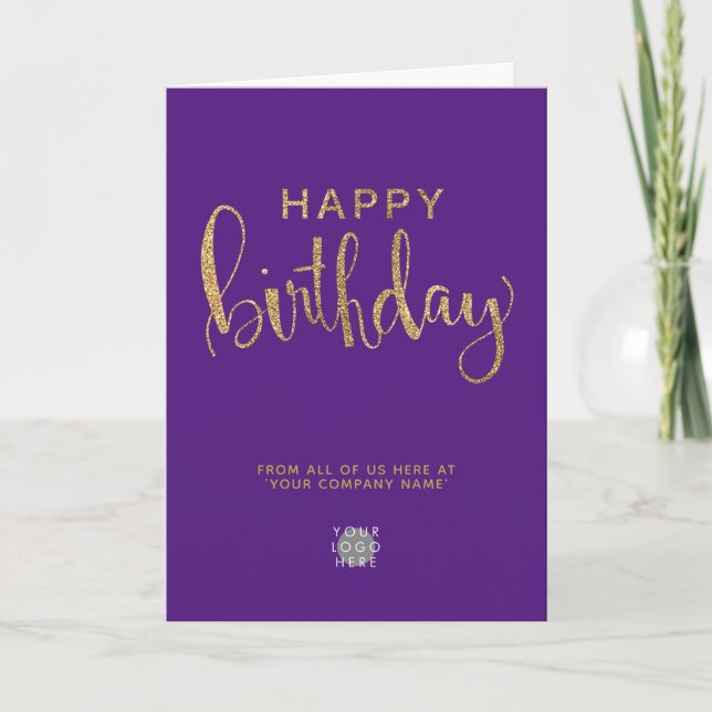 Your Logo Purple Elegant Faux Gold Happy Birthday Card (Front)