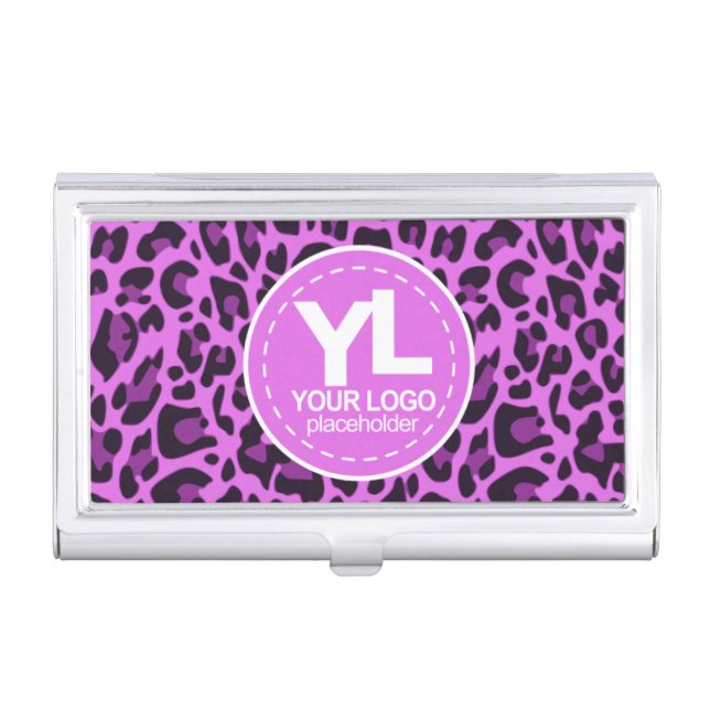 Your Logo Purple Leopard Print Rockabilly Pattern Business Card Case (Front)