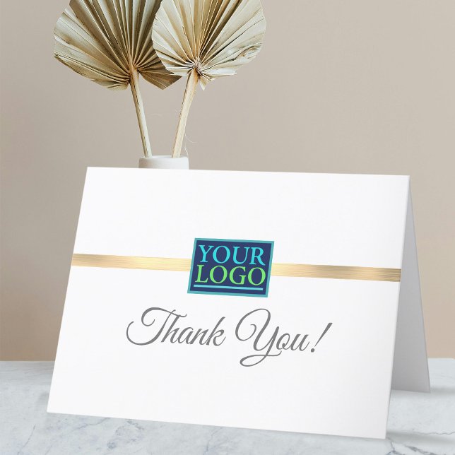 Your Logo, QR Code, Bus. Name, Brushed Gold Stripe Thank You Card (Creator Uploaded)