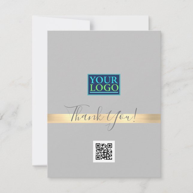 Your Logo QR Code Bus Name, Gold Stripe Light Gray Thank You Card (Front)