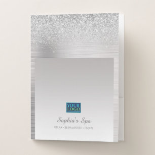 Your Logo, QR Code Bus. Promo Name, Silver Glitter Pocket Folder