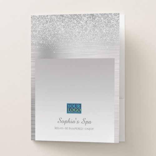 Your Logo QR Code Bus Promo Name Silver Glitter Pocket Folder