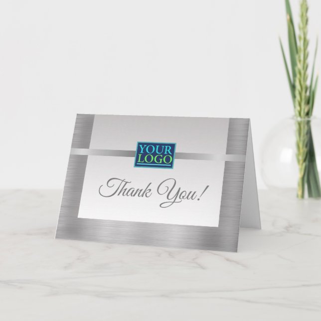 Your Logo, QR Code, Business Name, Message, Silver Letterpress Thank You Card (Front)