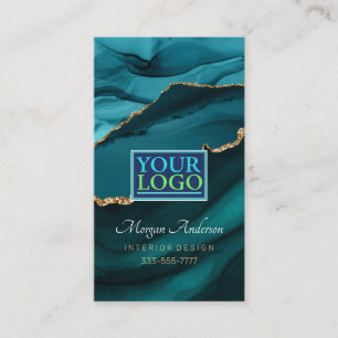 Your Logo, QR Code, Elegant Pro, Teal Agate & Gold Business Card