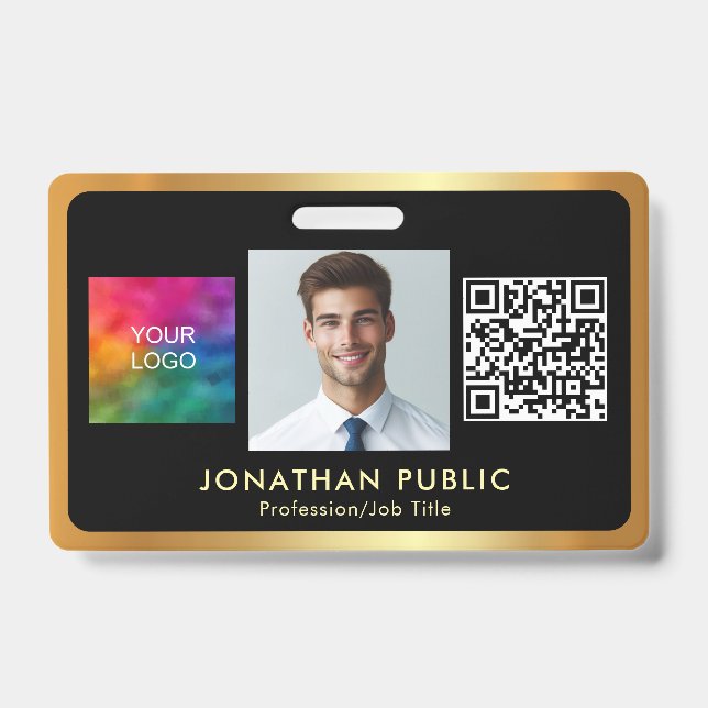 Your Logo QR Code Employee Photo Black & Gold Badge (Front)