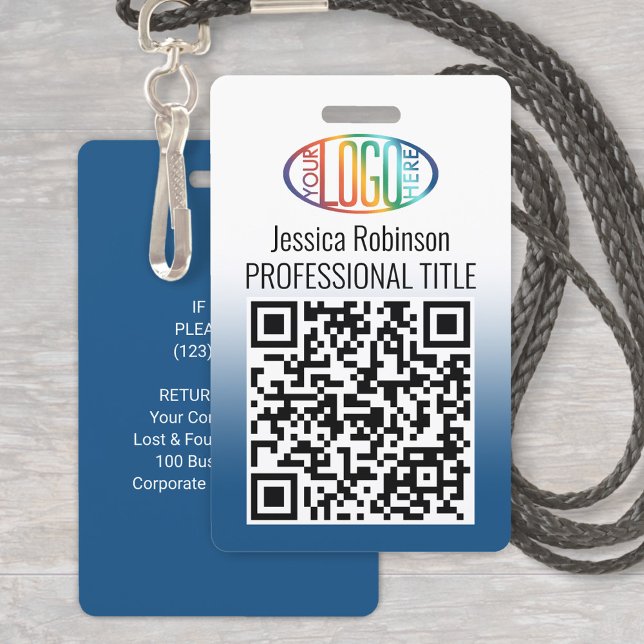 Your Logo, QR Code, Name and Title Blue Gradient Badge (Creator Uploaded)