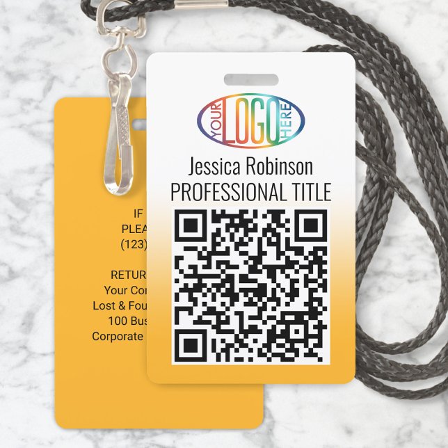 Your Logo, QR Code, Name and Title Yellow Gradient Badge (Creator Uploaded)