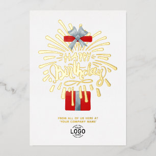 Your Logo Red Gift Box Fireworks Business Birthday Foil Invitation