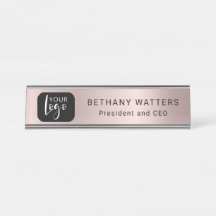 Your Logo Rose Gold Blush Metallic Chic Modern Desk Name Plate