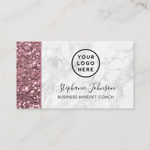 Your Logo Rose Gold Pink Glitter White Marble Business Card