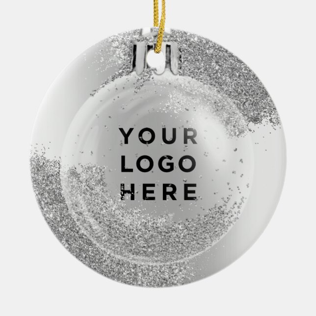 Your Logo Silver Glitter Drips Christmas Ball Ceramic Ornament (Front)