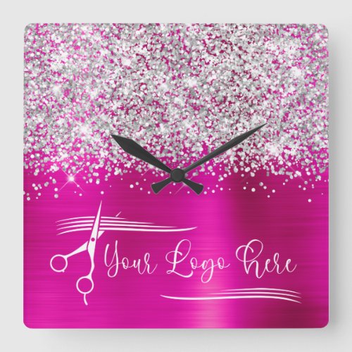 Your Logo Silver Glitter Hot Pink Glam Square Wall Clock