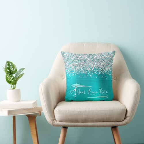 Your Logo Silver Glitter Turquoise Blue Glam Throw Pillow