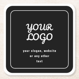 Your Logo & Slogan or other text   Black & White Square Paper Coaster