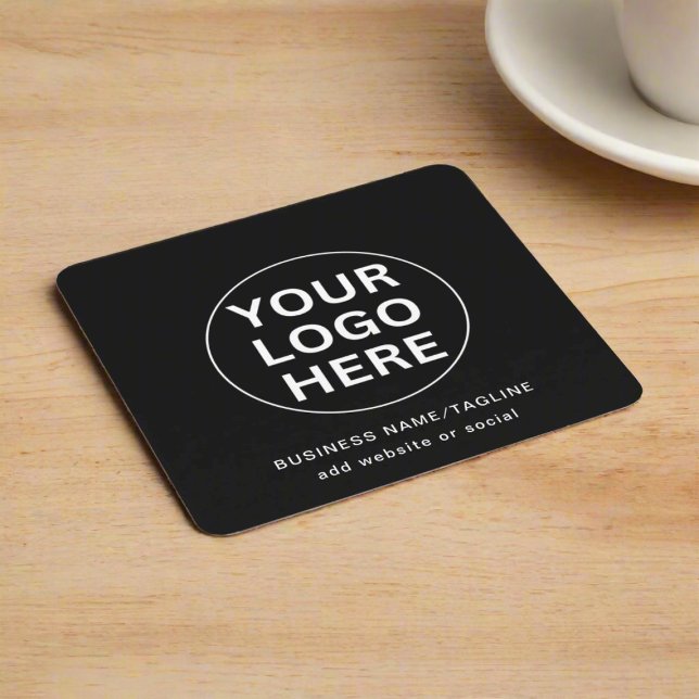 Your Logo & Text Here l Black & White Branded Square Paper Coaster (Creator Uploaded)