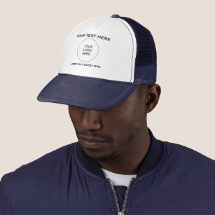 Your Logo Text Mens Womens White And Navy Baseball Trucker Hat