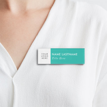 Your Logo Turquoise White Modern Elegant Title Name Tag by pinkpinetree at Zazzle