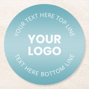 Your Logo w/Editable Aqua Blue & White Gradient  Round Paper Coaster