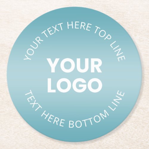 Your Logo wEditable Aqua Blue  White Gradient  Round Paper Coaster