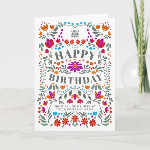 Your Logo Whimsical Folk Flowers Business Birthday Card
