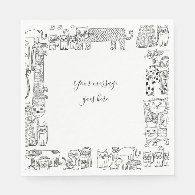 Your Message Cats Black and White Illustrations Napkins (Front)