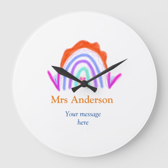 Your message e add text name rainbow teacher large clock (Front)