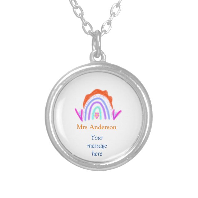 Your message e add text name rainbow teacher silver plated necklace (Front)