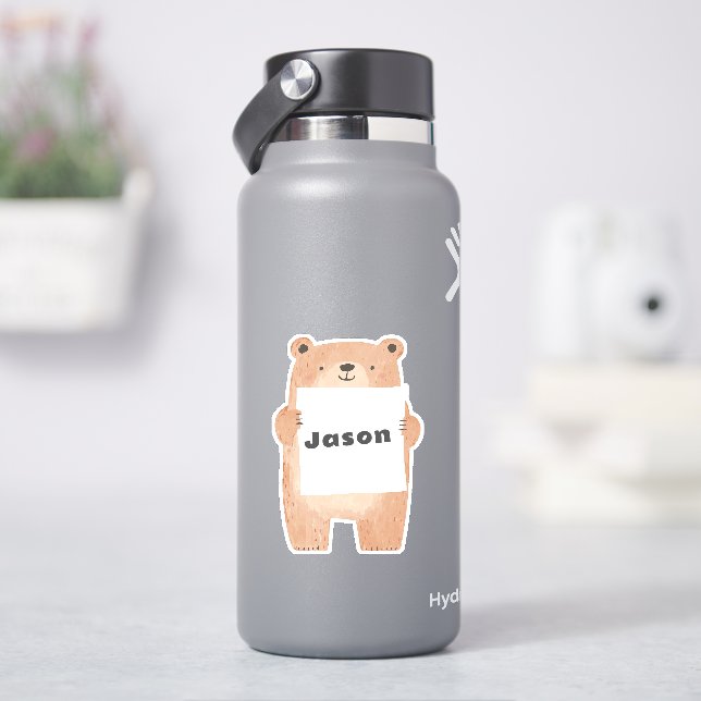 Your message or name cute Bear Holding Sign Sticker (HydroFlask)