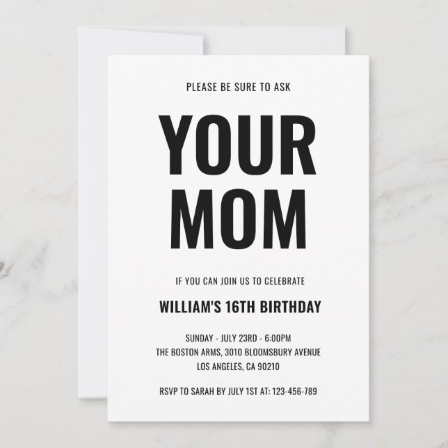Your Mom Funny Joke Teen 16th Birthday Invitation (Front)