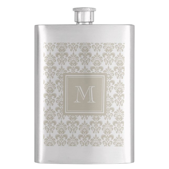 Your Monogram, Beige Damask Pattern 2 Flask (Front)