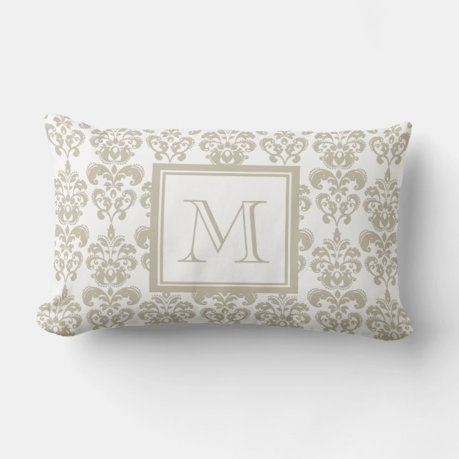 Your Monogram, Beige Damask Pattern 2 Lumbar Pillow (Front)