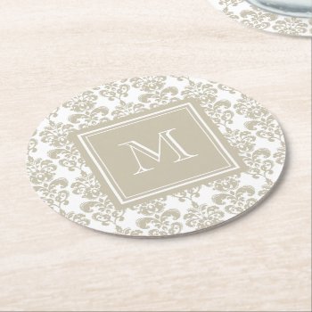 Your Monogram  Beige Damask Pattern 2 Round Paper Coaster by GraphicsByMimi at Zazzle