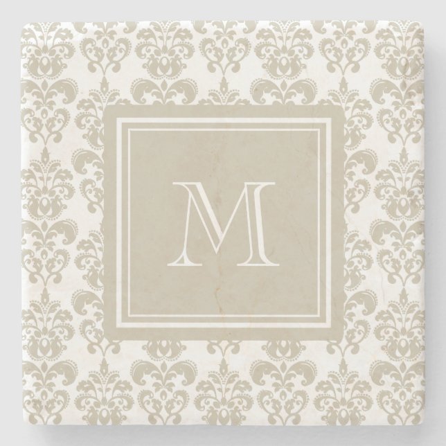Your Monogram, Beige Damask Pattern 2 Stone Coaster (Front)