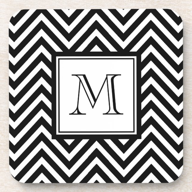 YOUR MONOGRAM, BLACK CHEVRON DRINK COASTER (Front)