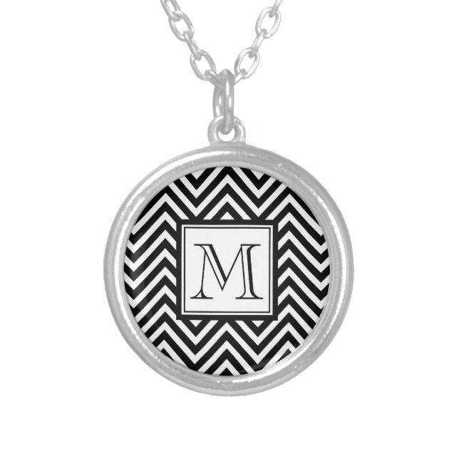 YOUR MONOGRAM, BLACK CHEVRON SILVER PLATED NECKLACE (Front)