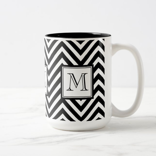 YOUR MONOGRAM, BLACK CHEVRON Two-Tone COFFEE MUG (Right)