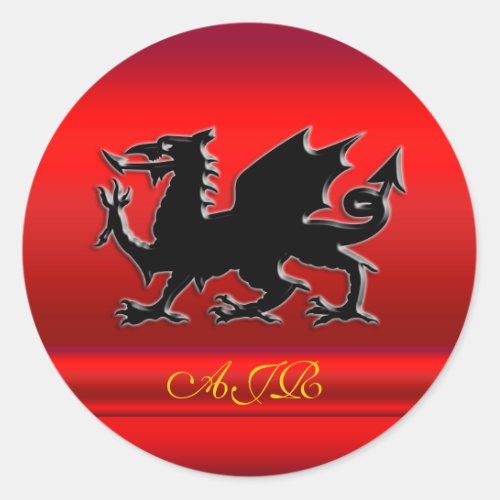 Your monogram Black Dragon on red metallic_look Classic Round Sticker