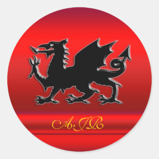 Your monogram, Black Dragon on red metallic-look Classic Round Sticker