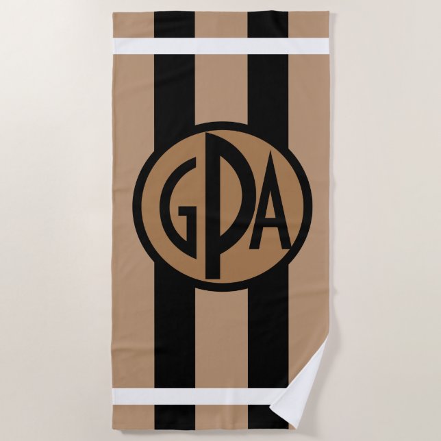 Your monogram Black & Tan Wide Cabana Stripes Beach Towel (Front)