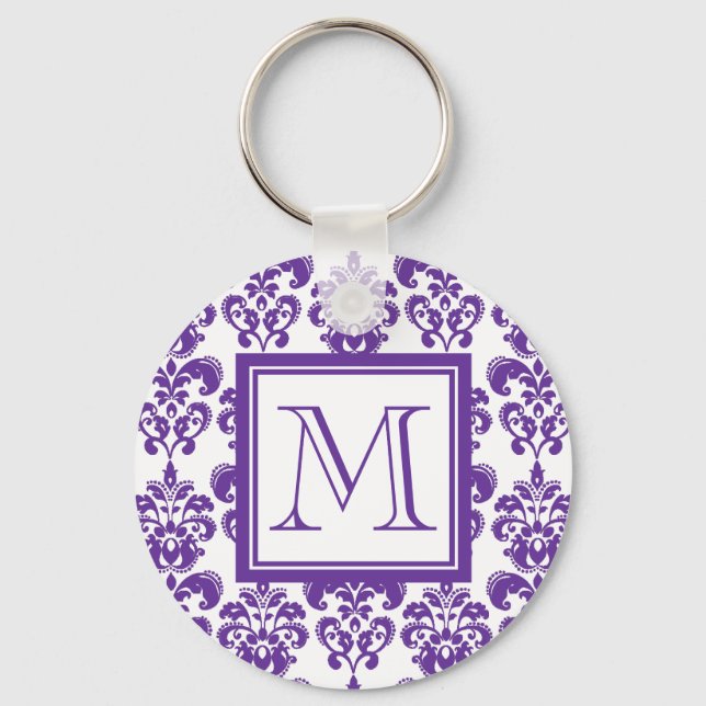 Your Monogram, Dark Purple Damask Pattern 2 Keychain (Front)