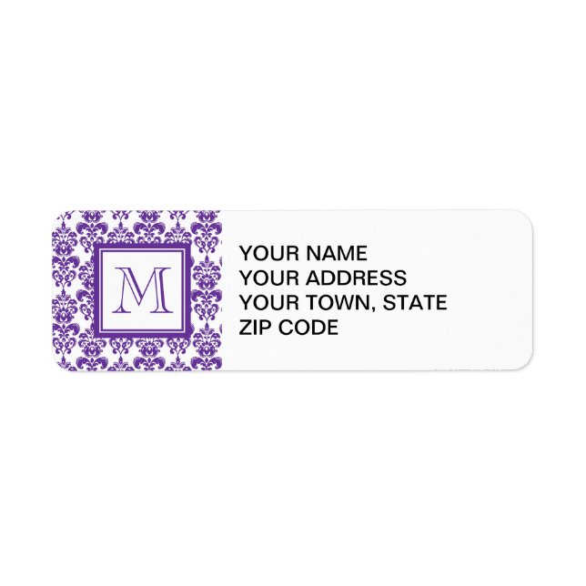 Your Monogram, Dark Purple Damask Pattern 2 Label (Front)