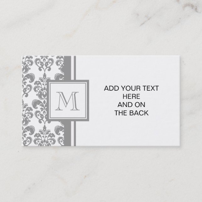 Your Monogram, Grey Damask Pattern 2 Business Card (Front)